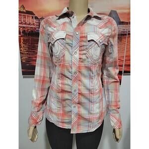 True Religion Western Pearl Snap Button Down LS Size M Women's Plaid Shirt #C